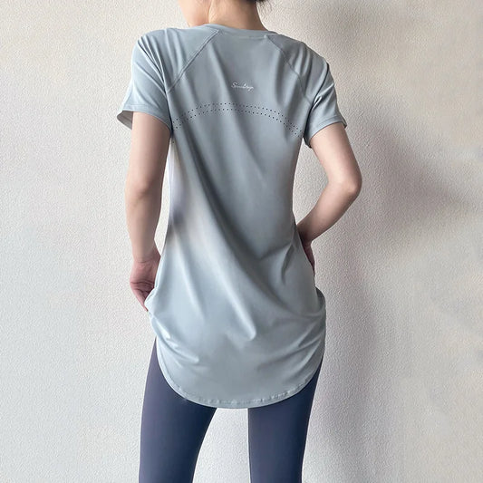 Roupas esportivas femininas para academia 2024, roupas de ioga, camiseta feminina, manga curta, secagem rápida, top fitness, respirável, slim, capa para bumbum, camisa de corrida
